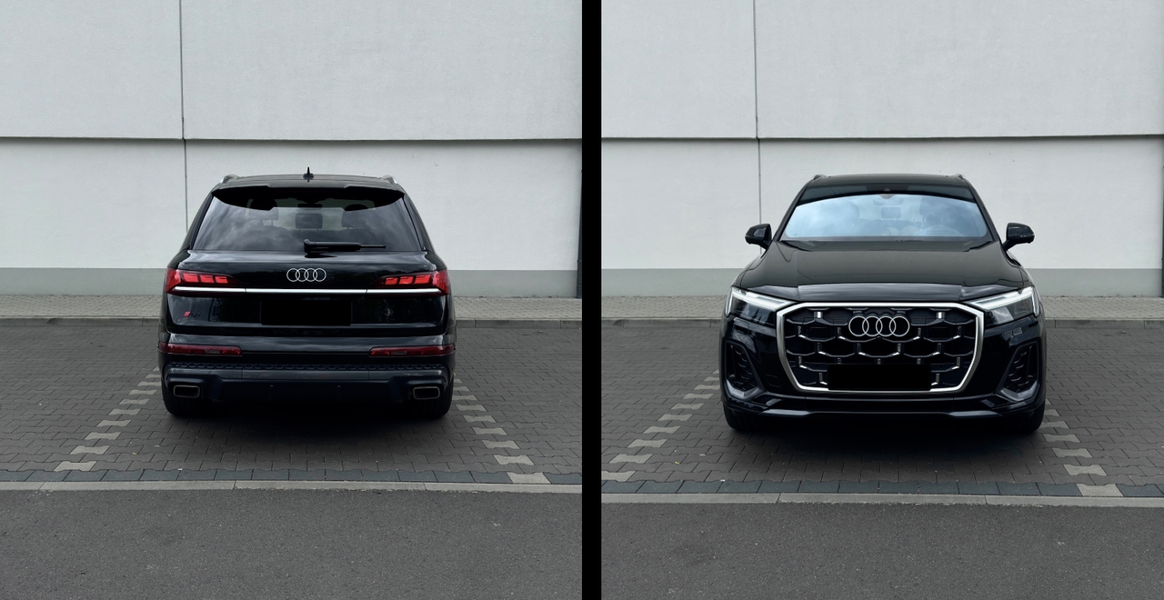 Audi Q7 50 TDI quattro S line – widok z tyłu i przodu, czarny lakier, luksusowy SUV – wynajem Warszawa SK CARS