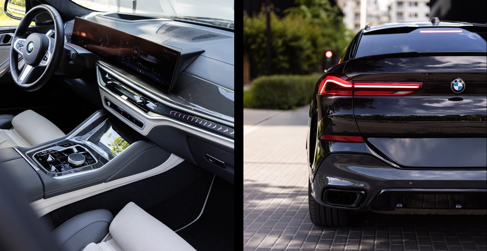 Lewa strona: nowoczesna konsola środkowa BMW X6 z wykończeniem z włókna węglowego i podświetleniem ambientowym. Prawa strona: tylna część nadwozia BMW X6 z charakterystycznymi światłami LED i sportowym dyfuzorem.