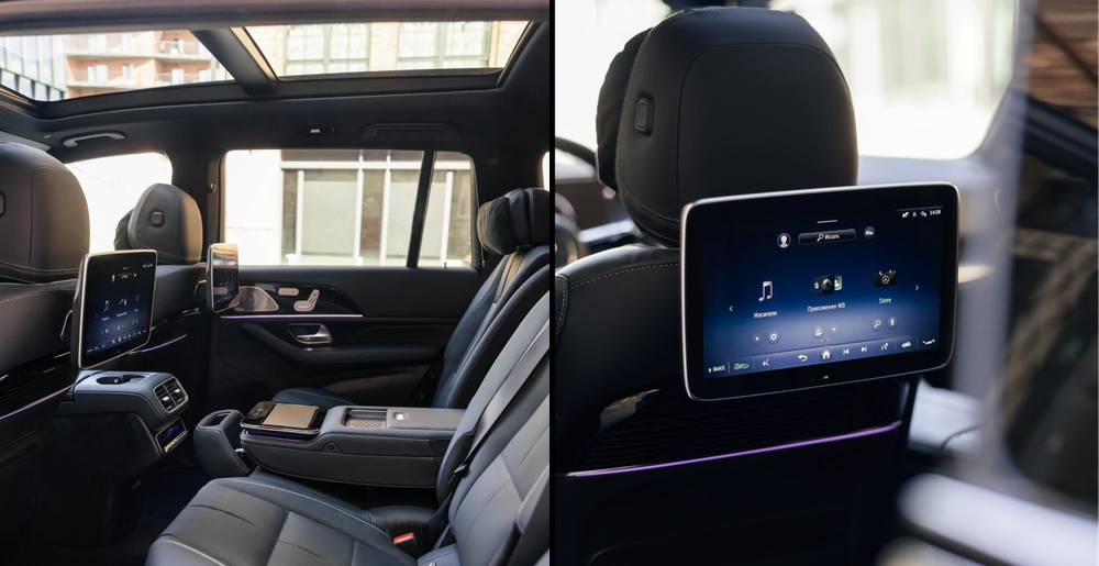 Drugi rząd siedzeń Mercedes-Benz GLS 450d z indywidualnymi ekranami multimedialnymi