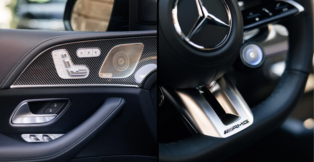 Детали салона Mercedes-AMG GLE 53 — акустика Burmester и спортивный руль AMG