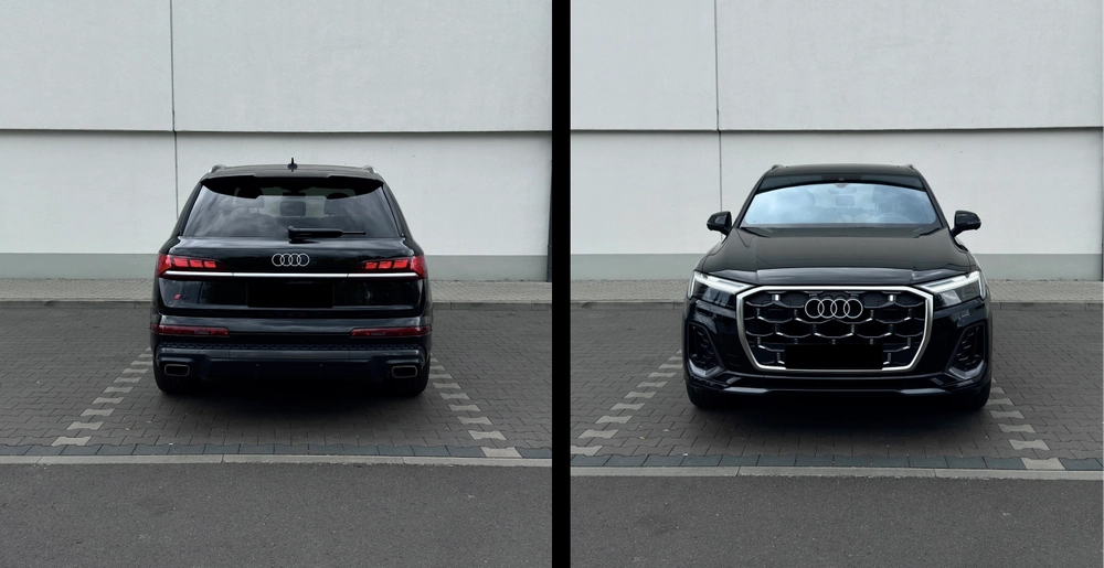 Audi Q7 50 TDI quattro S line – widok z tyłu i przodu, czarny lakier, luksusowy SUV – wynajem Warszawa SK CARS