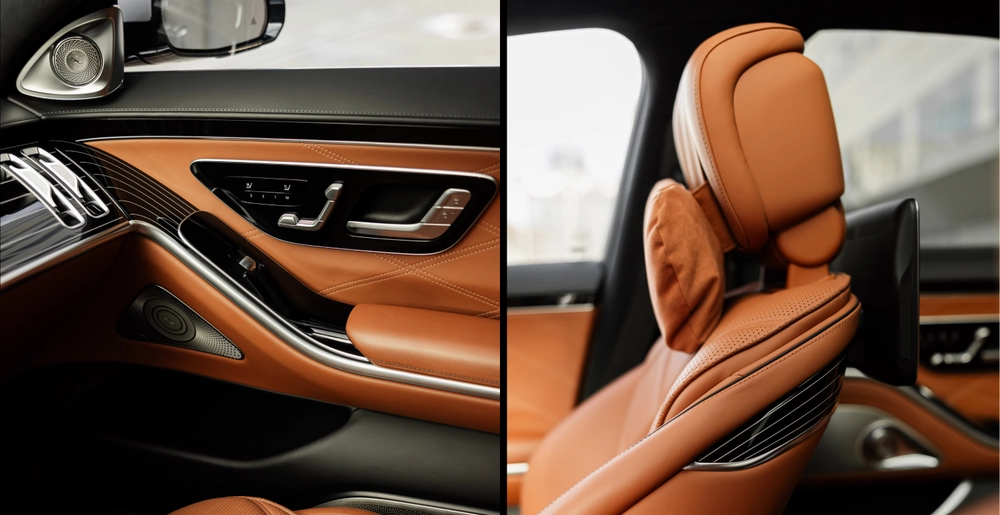 Detale skórzanego wnętrza i komfortowego fotela Mercedes-Maybach S580