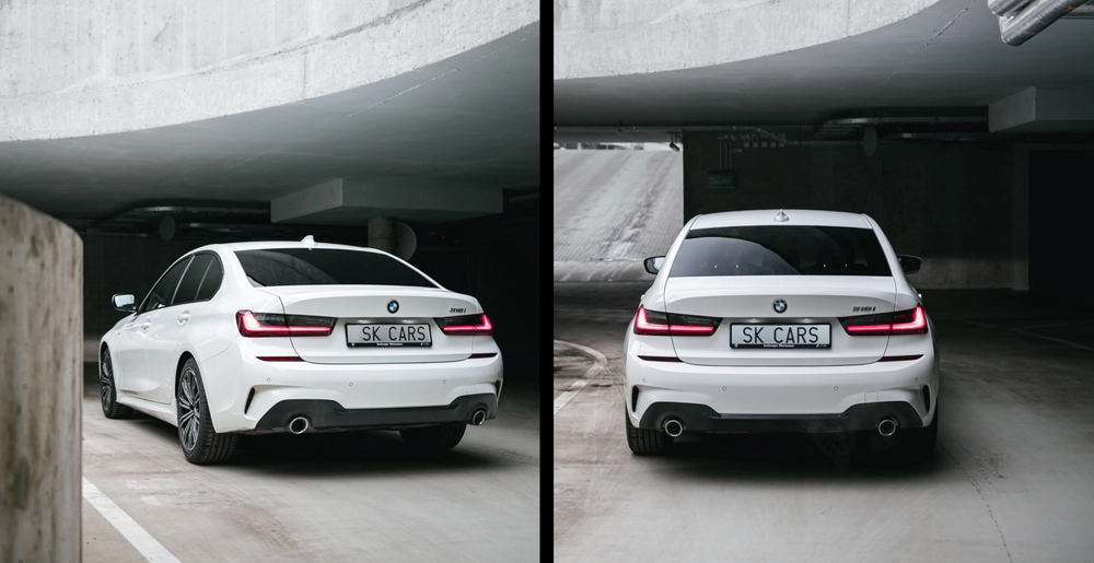 Biały BMW 3 Series w stylowym podziemnym parkingu, dostępny do wynajmu w SK CARS. Sportowy design i elegancja dla wygodnej jazdy.