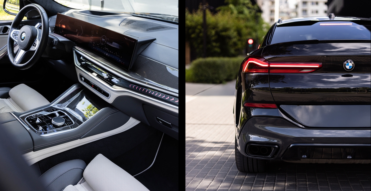 Lewa strona: nowoczesna konsola środkowa BMW X6 z wykończeniem z włókna węglowego i podświetleniem ambientowym. Prawa strona: tylna część nadwozia BMW X6 z charakterystycznymi światłami LED i sportowym dyfuzorem.