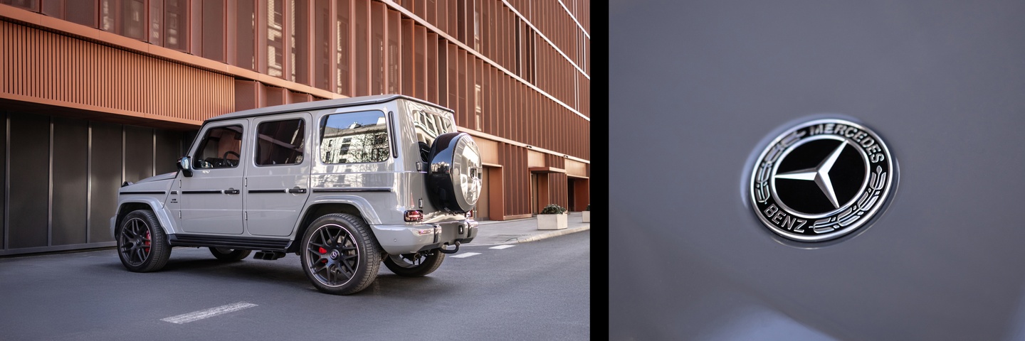 Po lewej — tylny widok Mercedesa G63 AMG na tle nowoczesnego budynku w mieście. Po prawej — zbliżenie logo Mercedes-Benz na karoserii.