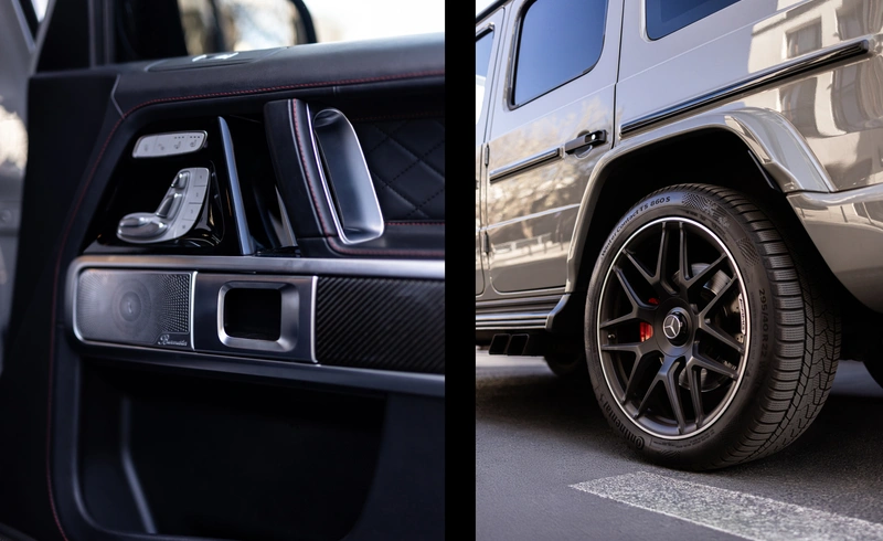 Детали Mercedes G63 AMG: панель двери с аудиосистемой Burmester и колесо с шинами Continental на фоне кузова.