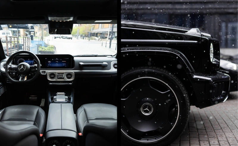 Wnętrze Mercedes G63 AMG LIFT i czarna felga AMG — luksusowy SUV w detalu na tle deszczu