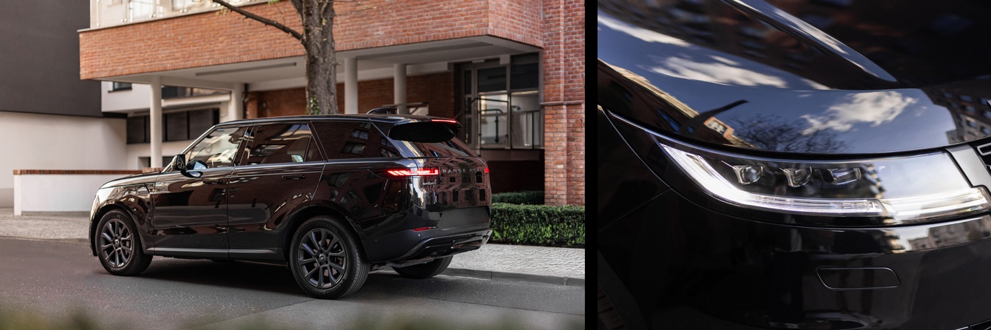 Чёрный Range Rover Sport со стороны заднего левого крыла на фоне современного дома + крупный план передней фары с отражением неба.