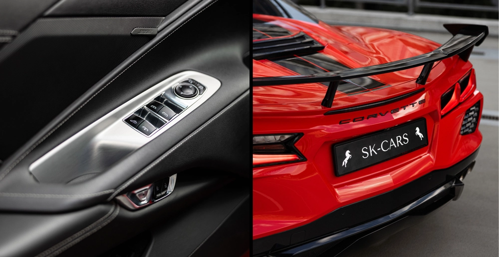 Detale Chevrolet Corvette C8 Stingray Cabrio: panel sterowania w drzwiach i tylne skrzydło czerwonego kabrioletu.