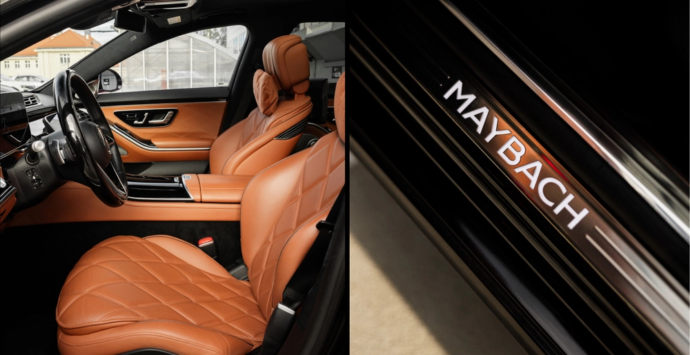 Przednie skórzane fotele i podświetlany próg Maybach w Mercedes-Maybach S580