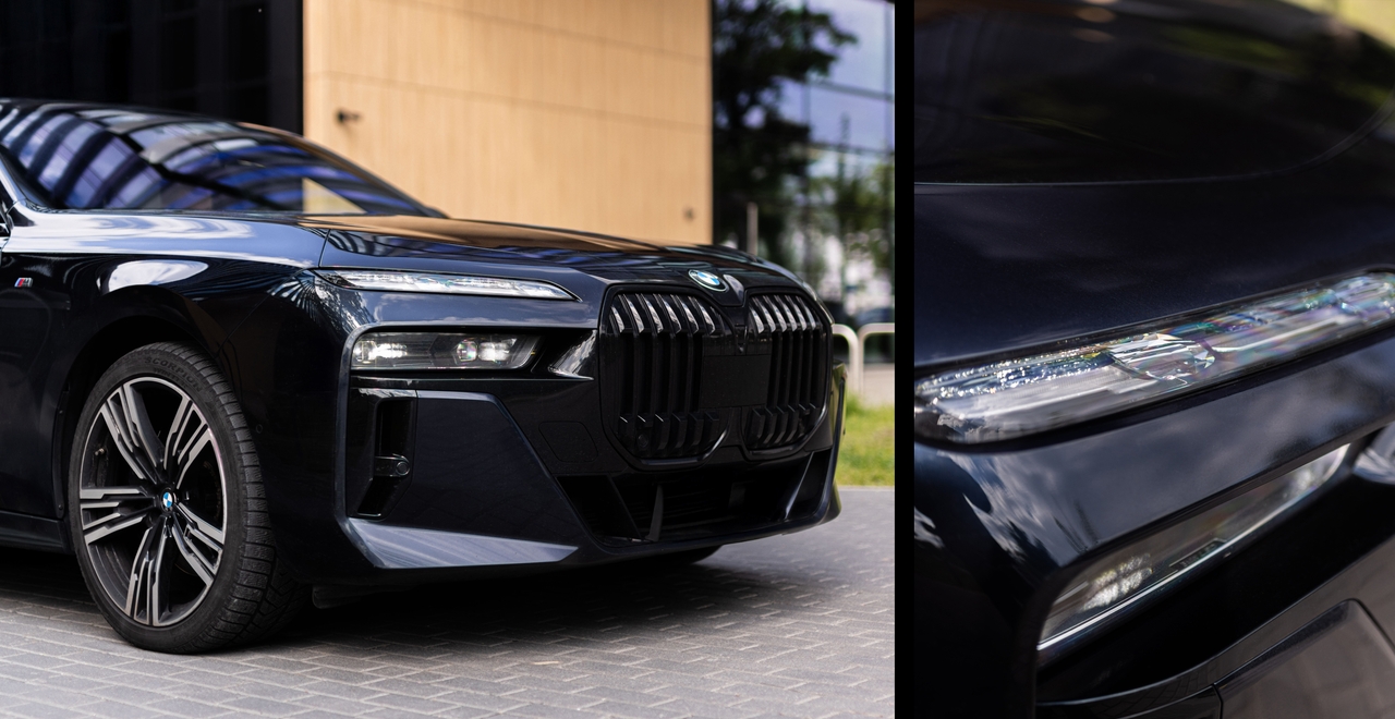 Charakterystyczny przód BMW 740d xDrive M Sport – nowoczesne światła, masywny grill i sportowy akcent. Detal, który przyciąga spojrzenia.
