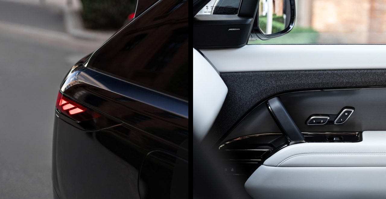 Po lewej: tylna lampa LED Range Rovera Sport z charakterystycznym wzorem świateł. Po prawej: wewnętrzny panel drzwi z głośnikiem Meridian i przyciskami pamięci fotela.