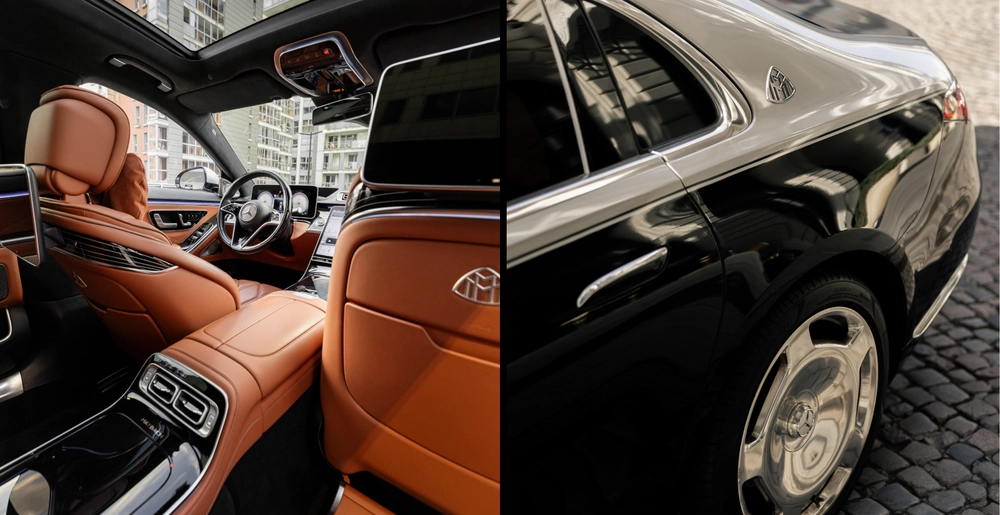 Przestronne wnętrze Mercedes-Maybach S580 z panoramicznym dachem, ekranami i tylnymi stolikami