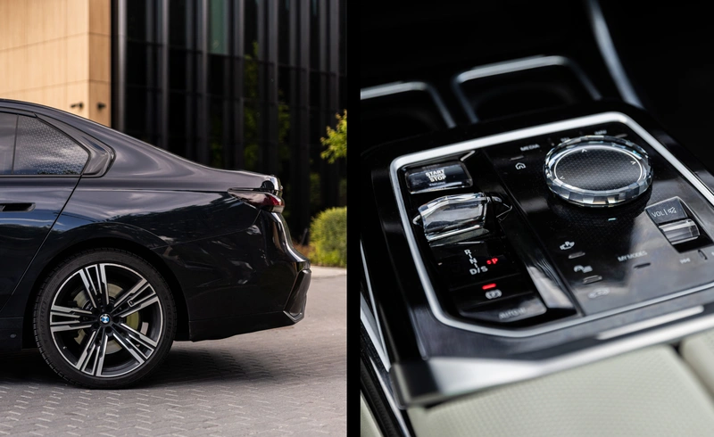 BMW 740d xDrive – rear profile with sleek body line and interior close-up featuring crystal gear selector. Premium car rental in Warsaw – SK CARS.
