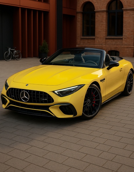 Przedni widok Mercedes SL55 AMG w jaskrawożółtym kolorze