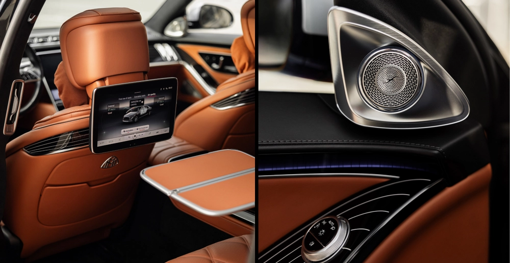 Tylny ekran i system audio Burmester we wnętrzu Mercedes-Maybach S580