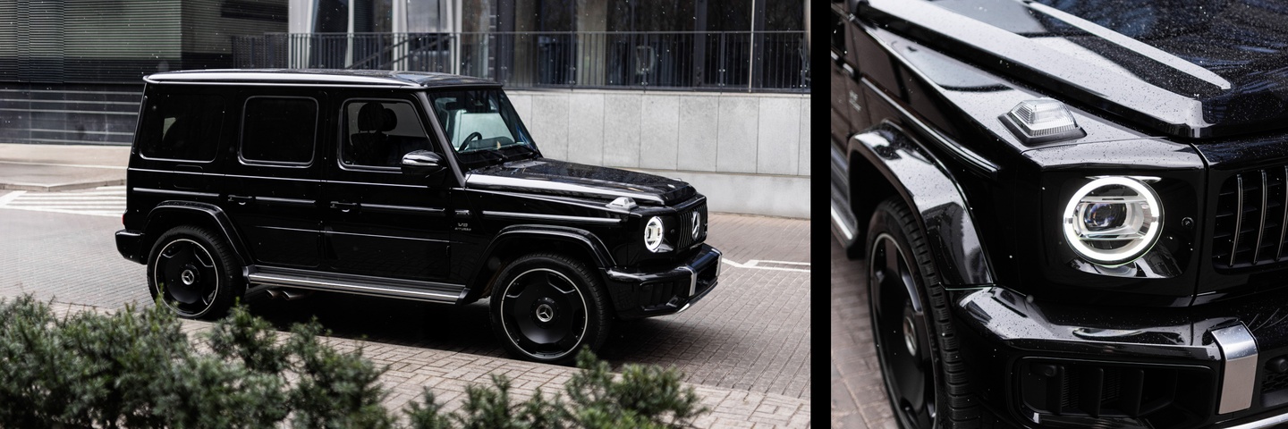 Mercedes G63 AMG LIFT — widok z boku i zbliżenie reflektora AMG, czarny SUV klasy premium z silnikiem V8