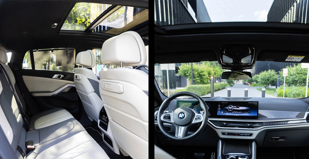 Wnętrze BMW X6 xDrive40d M Sport – luksusowy tylny rząd siedzeń i nowoczesny kokpit z panoramicznym dachem, dostępny w SK CARS w Warszawie.