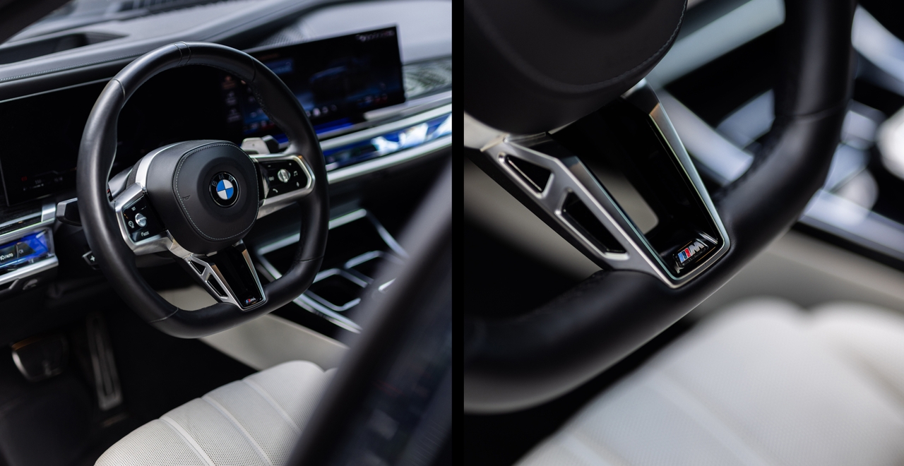 Kierownica BMW 740d xDrive M Sport z logo M, skórzanym wykończeniem i nowoczesnym designem. Klasa premium w każdym detalu – tylko w SK CARS Warszawa.