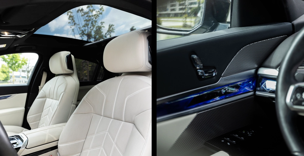 BMW 740d xDrive M Sport seats in light leather, panoramic roof, and Bowers & Wilkins sound system. Luxury and comfort available for rent at SK CARS Warsaw.