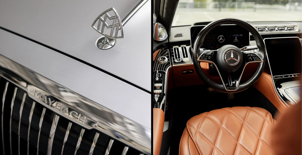 Emblemat Maybach, charakterystyczny grill i kokpit Mercedes-Maybach S580