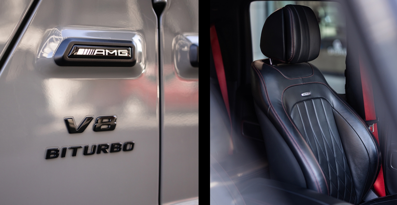 Left: V8 BITURBO AMG badge on the bodywork. Right: AMG Performance sport seat with red stitching and seatbelts.