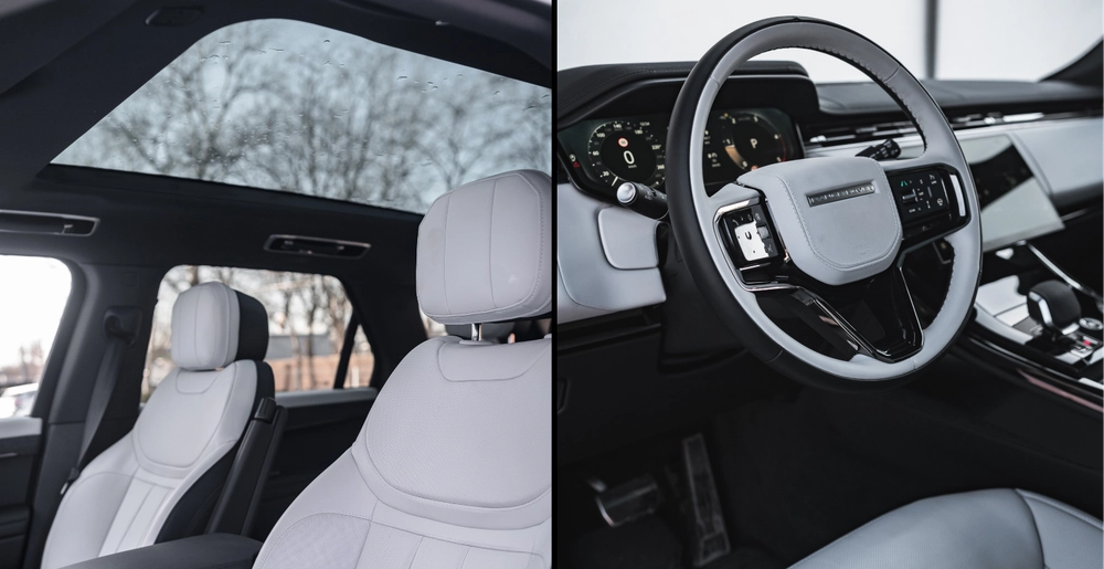 Белый кожаный салон Range Rover Sport с панорамной крышей и цифровым рулевым колесом, аренда в Варшаве.