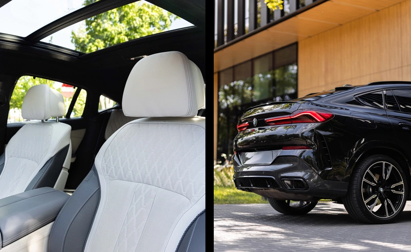 BMW X6 xDrive40d M Sport – tylne światła LED, sportowy dyfuzor i panoramiczny dach z wnętrzem ze skóry. Wynajem ekskluzywnych SUV-ów w Warszawie – SK CARS.