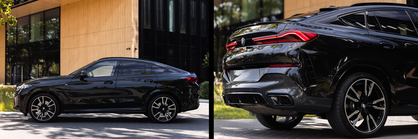 Czarny BMW X6 xDrive40d M Sport – widok z profilu i tyłu. Luksusowy SUV coupé dostępny na wynajem w Warszawie w SK CARS.
