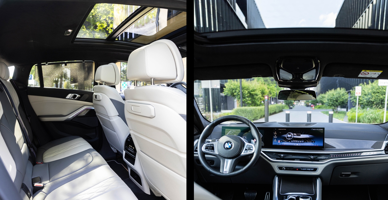 Wnętrze BMW X6 xDrive40d M Sport – luksusowy tylny rząd siedzeń i nowoczesny kokpit z panoramicznym dachem, dostępny w SK CARS w Warszawie.