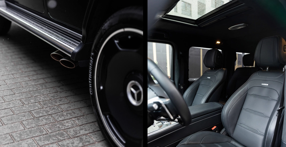 Detale Mercedesa-AMG G 63 po lifcie: czarne felgi z logo, boczny wydech oraz luksusowe wnętrze z fotelami AMG Performance i panoramicznym dachem. Siła spotyka komfort.