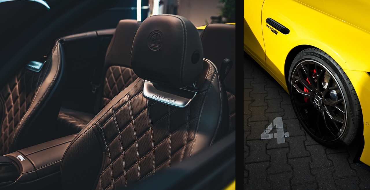 Quilted AMG leather seats inside a Mercedes and close-up of a sporty wheel with red brake calipers