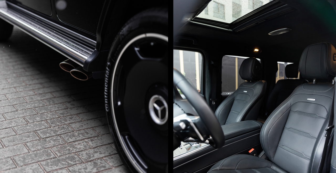 Detale Mercedesa-AMG G 63 po lifcie: czarne felgi z logo, boczny wydech oraz luksusowe wnętrze z fotelami AMG Performance i panoramicznym dachem. Siła spotyka komfort.