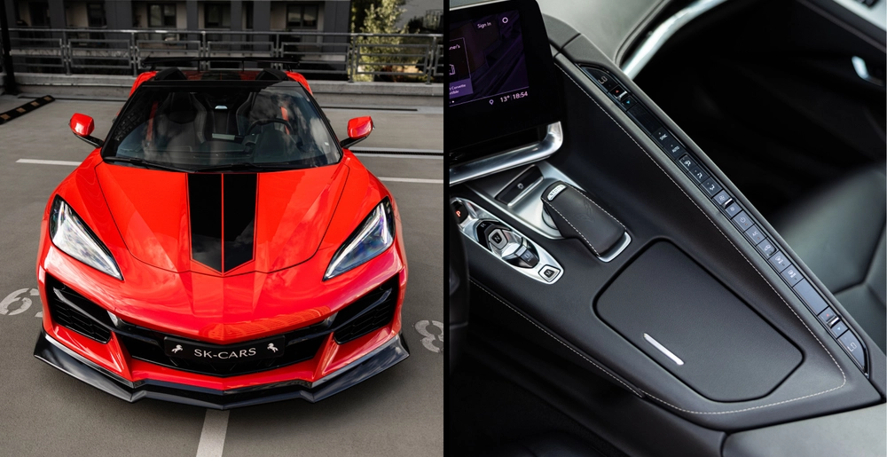 Czerwony Chevrolet Corvette C8 Stingray Cabrio z przodu oraz konsola środkowa wnętrza z wybierakiem skrzyni biegów.