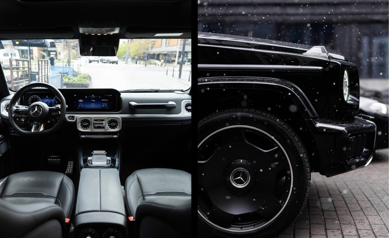 Wnętrze Mercedes G63 AMG LIFT i czarna felga AMG — luksusowy SUV w detalu na tle deszczu